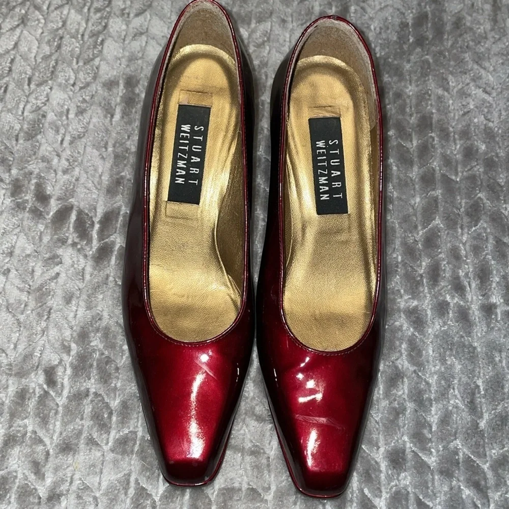 Stuart Weitzman Burgundy Printed Patent Leather Square Toe Pumps. Size 6.5.‎